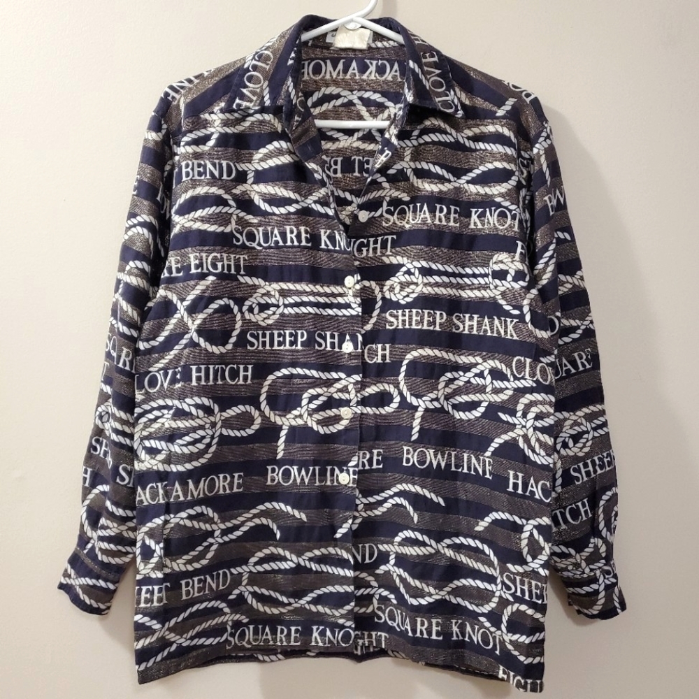 Vintage Jaeger Linen Blend Metallic Stripe Nautical Knots Blouse